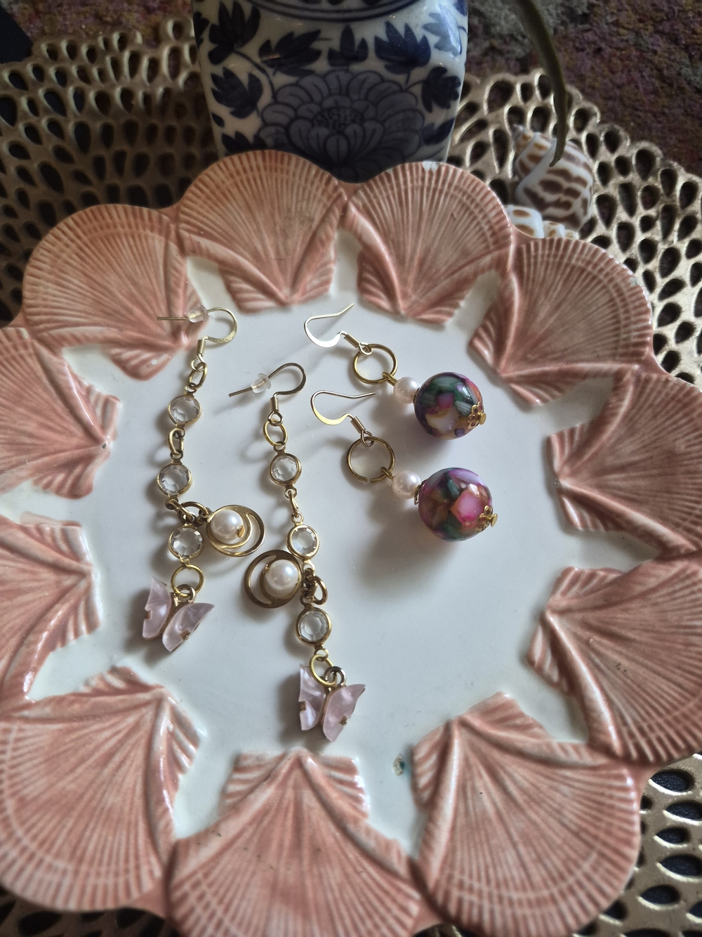 Gold-Tone Pink Bead and Floral Orb Dangle Earrings